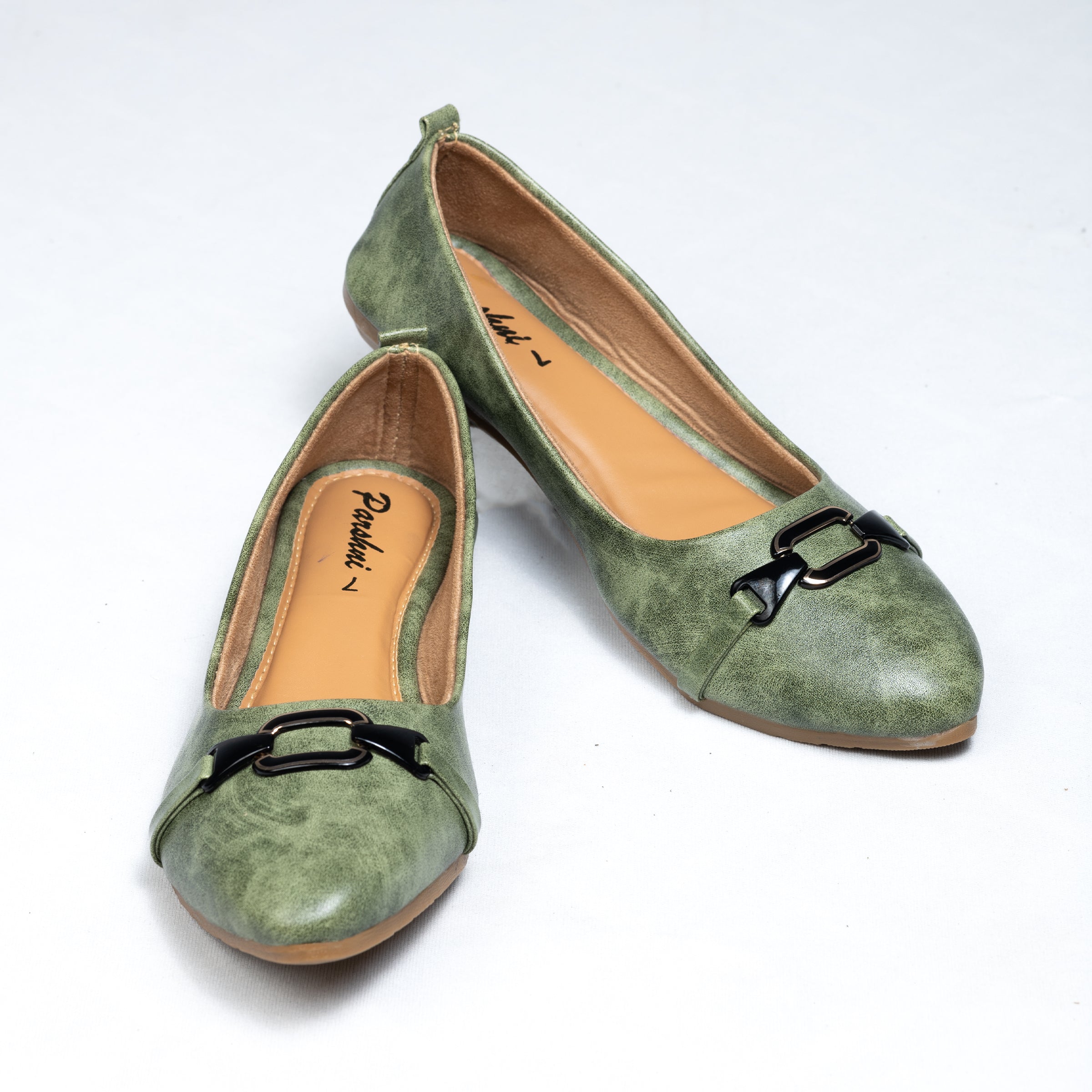 Parshni Women Green Texture With Black Buckle Embellished Ballerians for Party Use