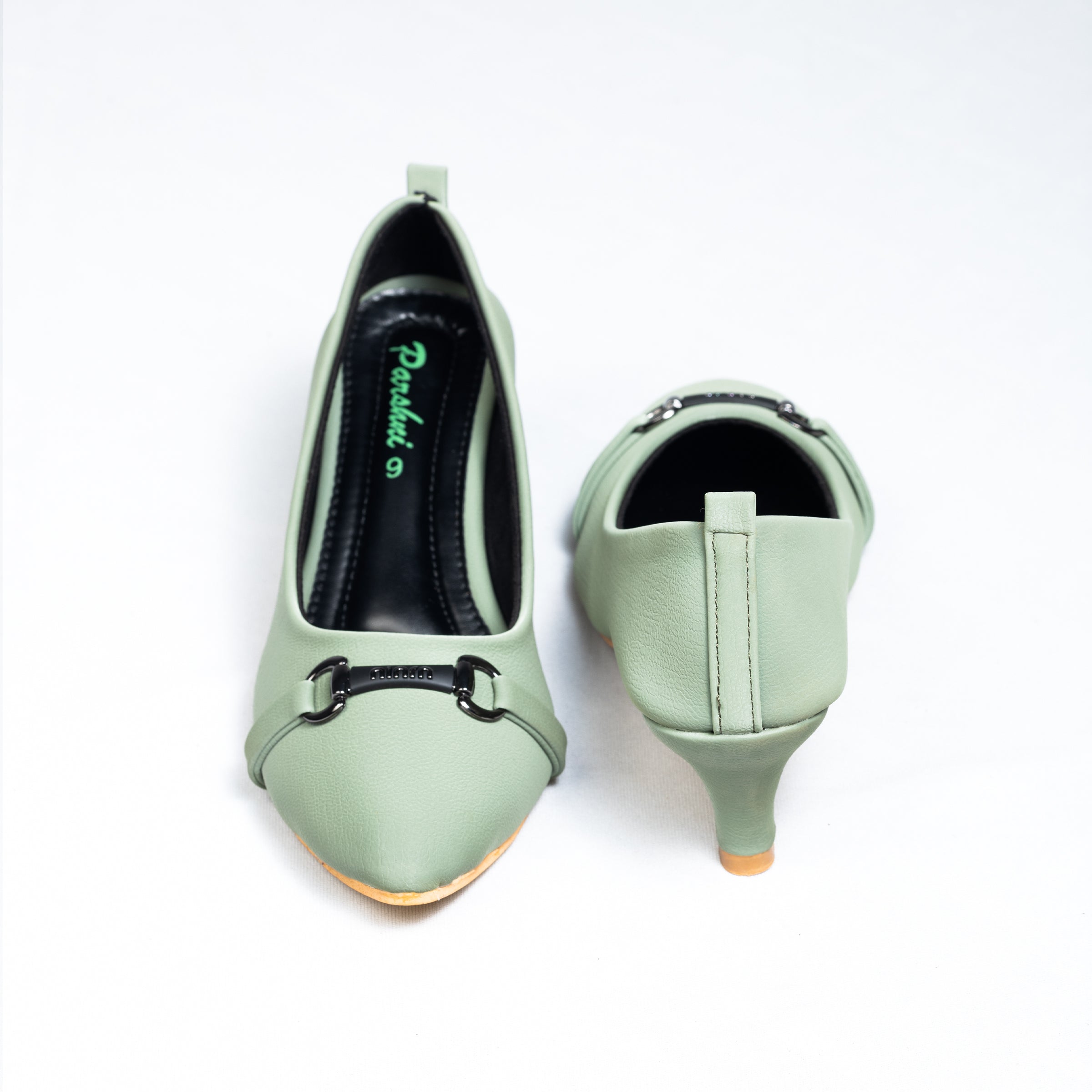 Parshni Women PU Work Green with Black Buckle Pointed Toe Stiletto