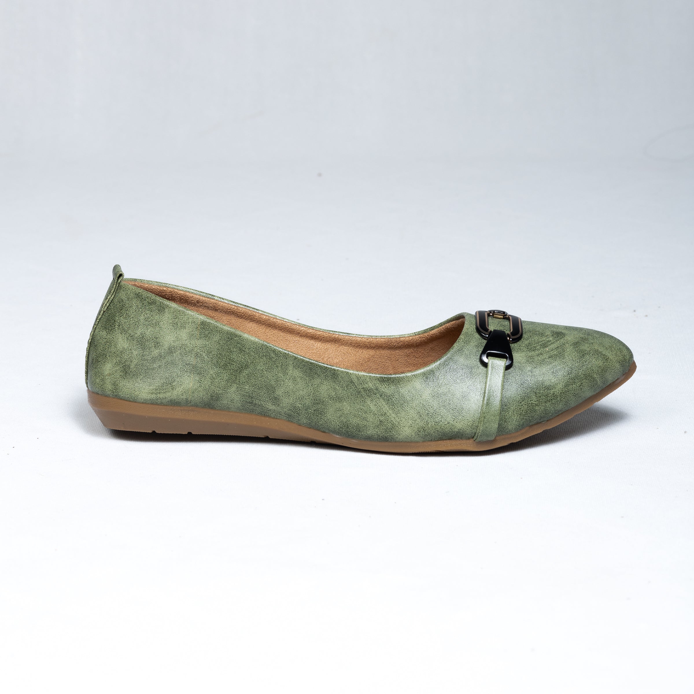 Parshni Women Green Texture With Black Buckle Embellished Ballerians for Party Use