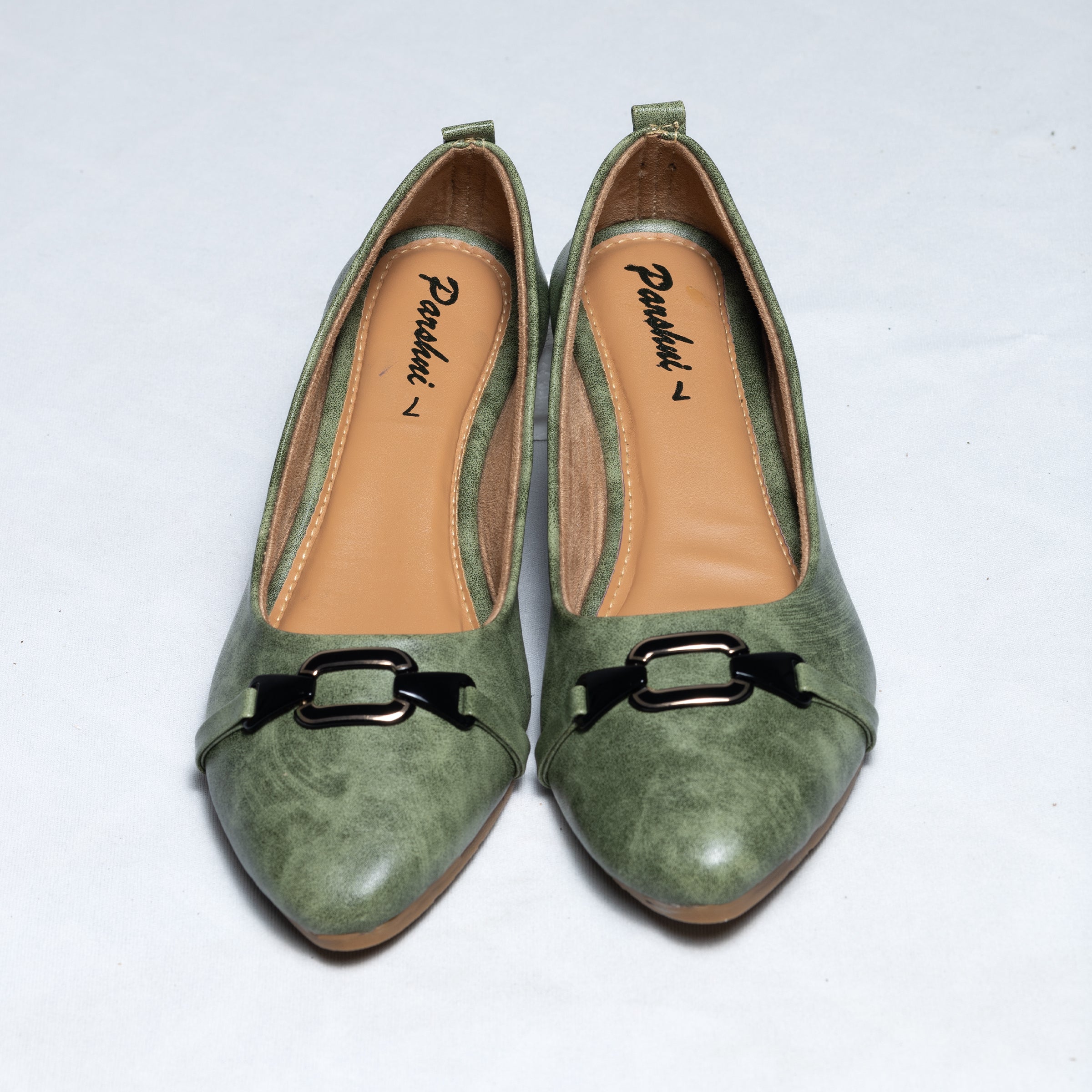 Parshni Women Green Texture With Black Buckle Embellished Ballerians for Party Use