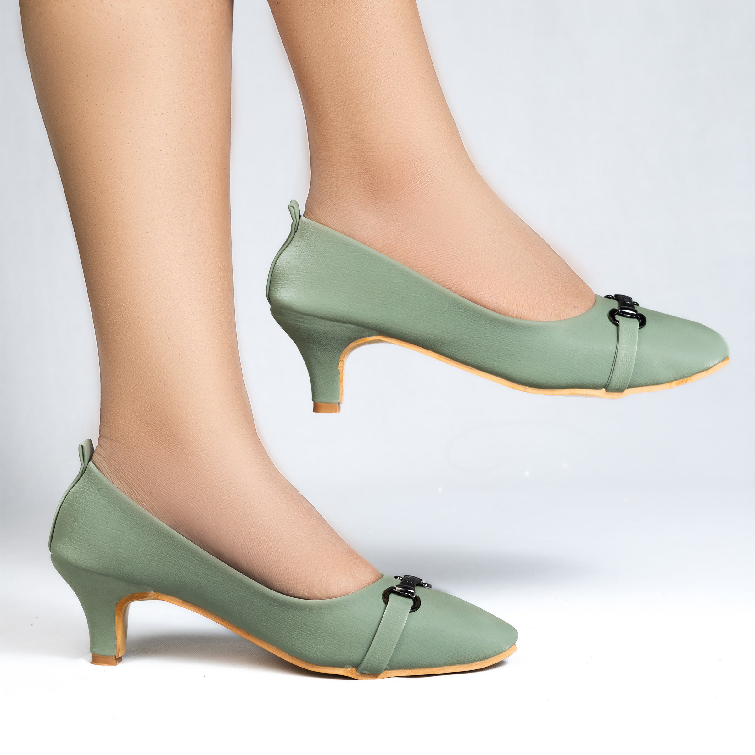 Parshni Women PU Work Green with Black Buckle Pointed Toe Stiletto