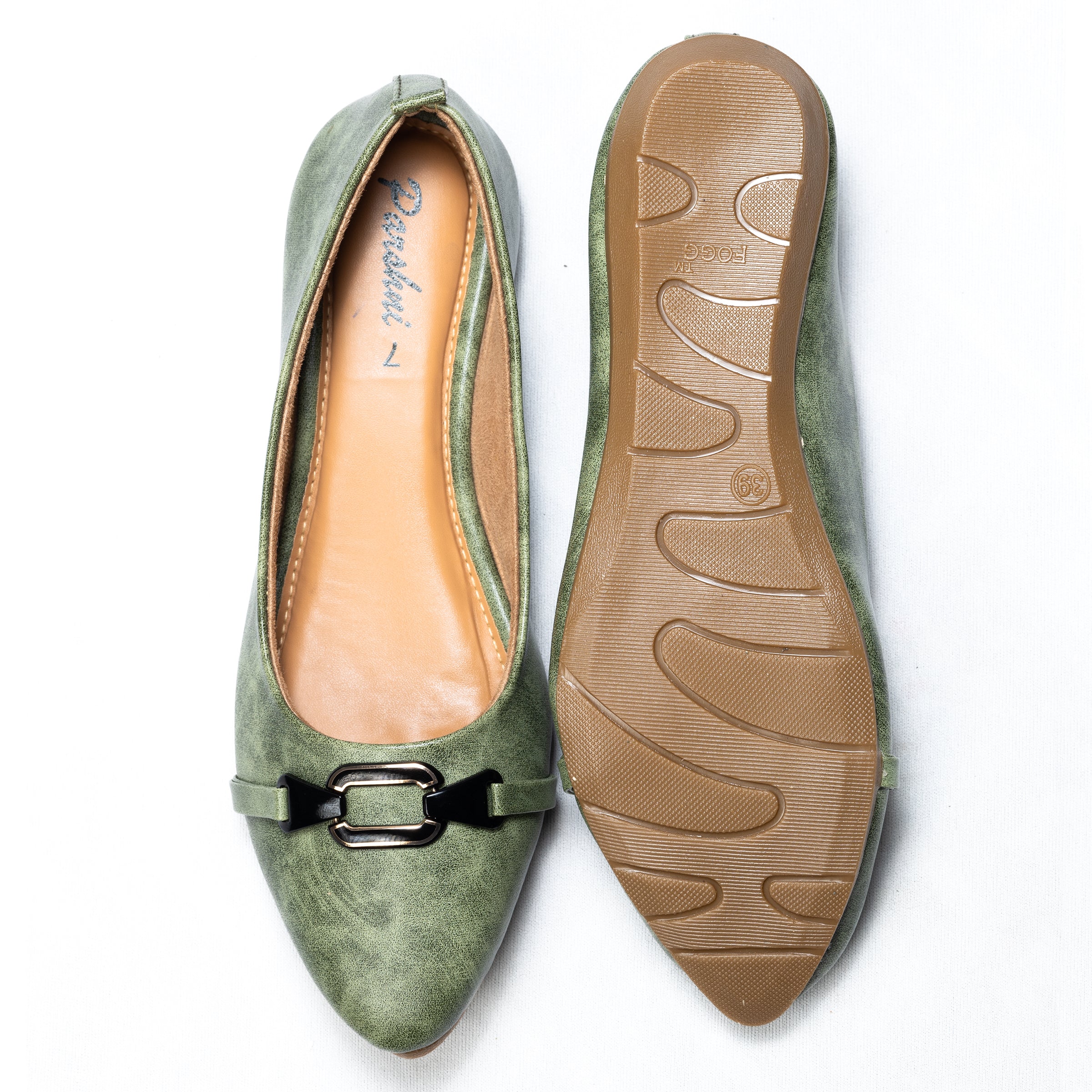 Parshni Women Green Texture With Black Buckle Embellished Ballerians for Party Use