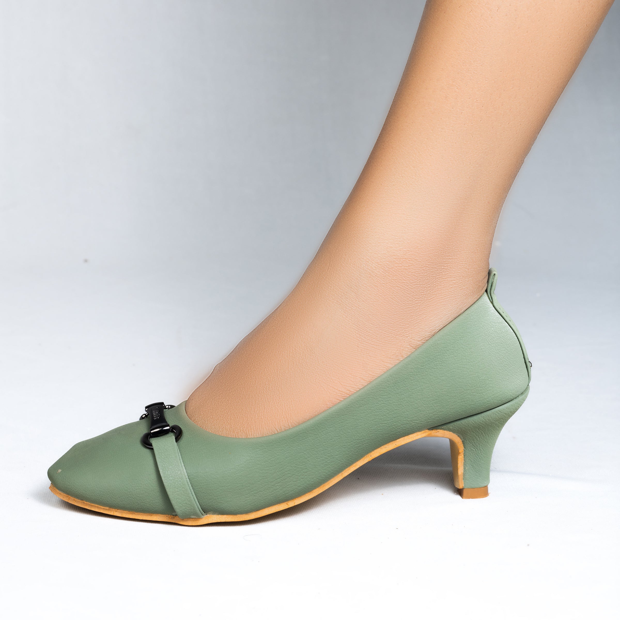 Parshni Women PU Work Green with Black Buckle Pointed Toe Stiletto