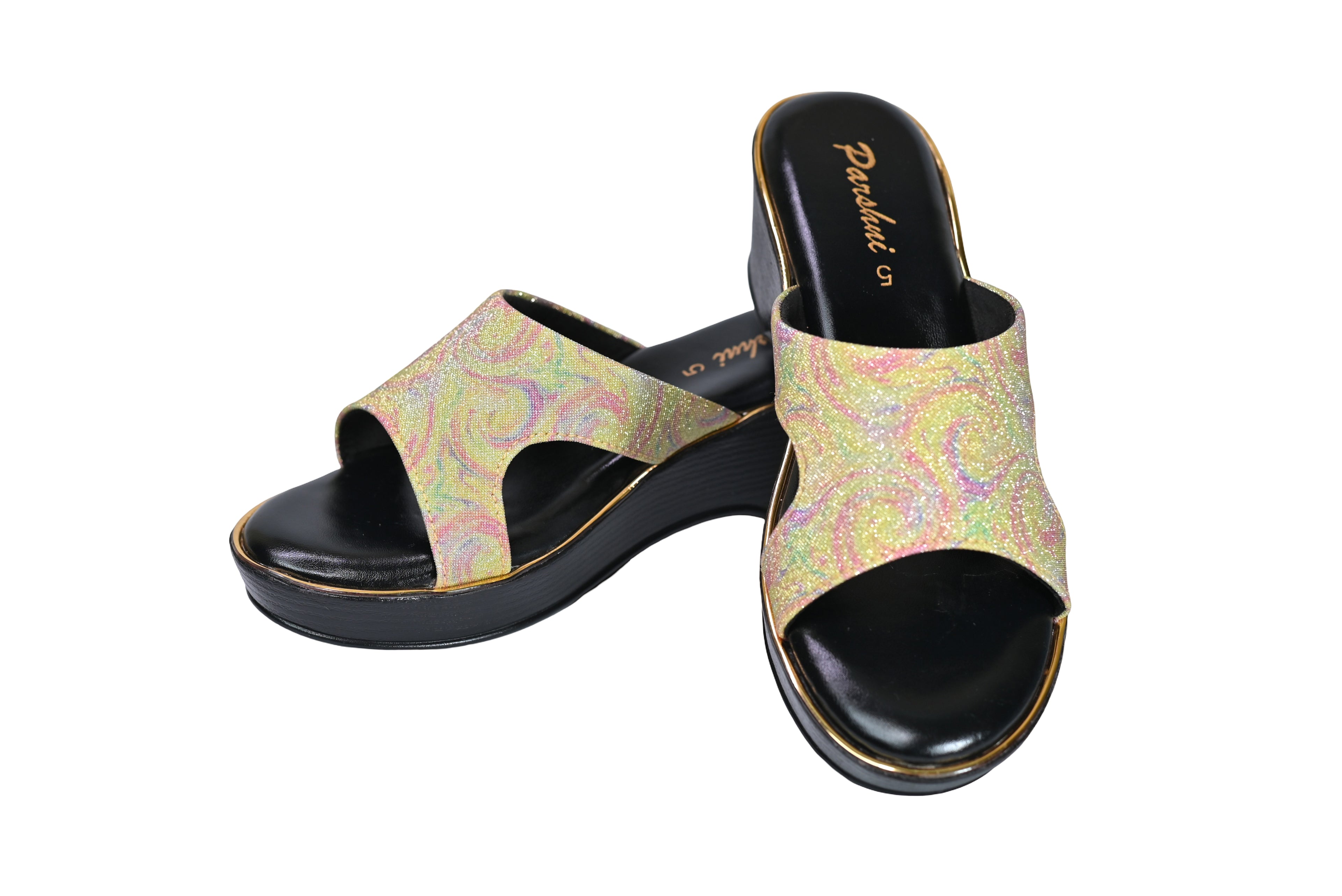 Parshni Women Yellow Texture Open Toe Wedges for Party Use