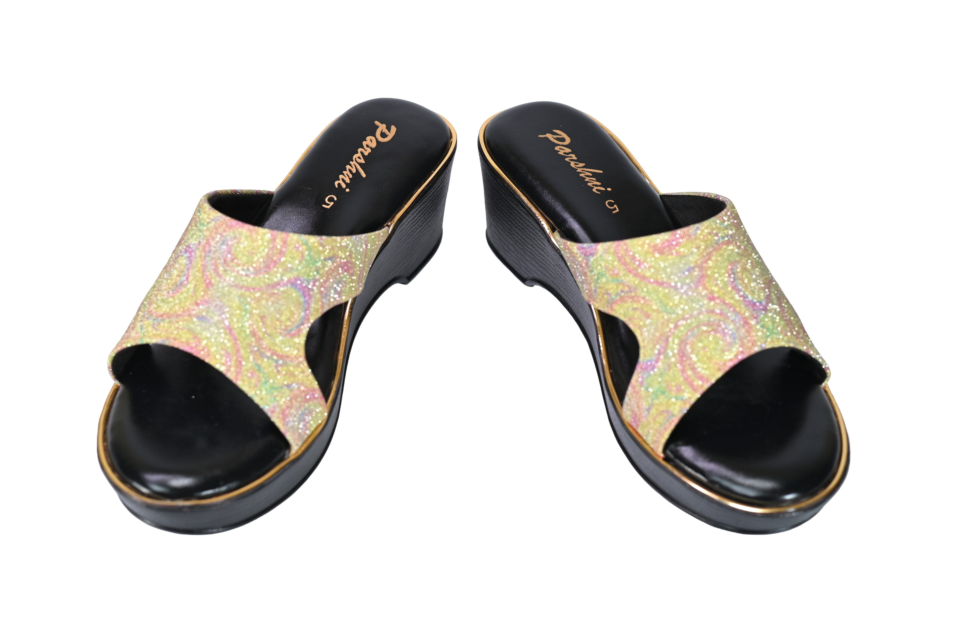 Parshni Women Yellow Texture Open Toe Wedges for Party Use