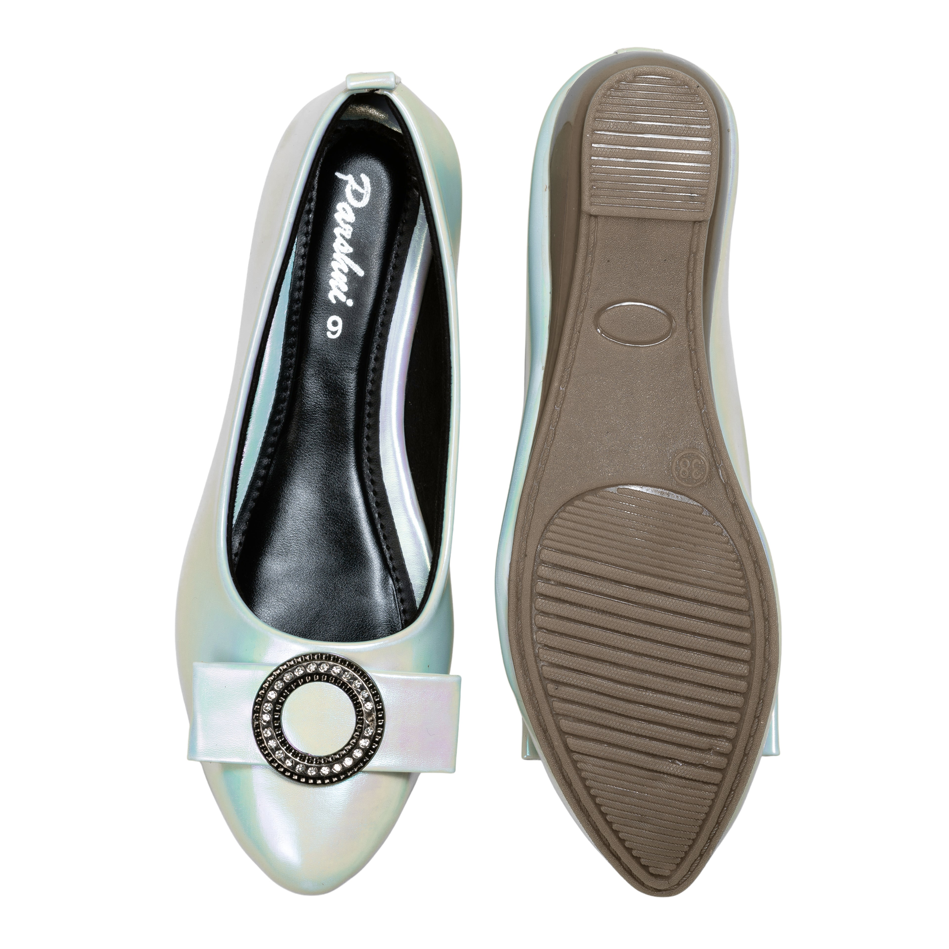 Parshni Women Lt.Blue With Black Buckle Embellished Ballerians for Party Use