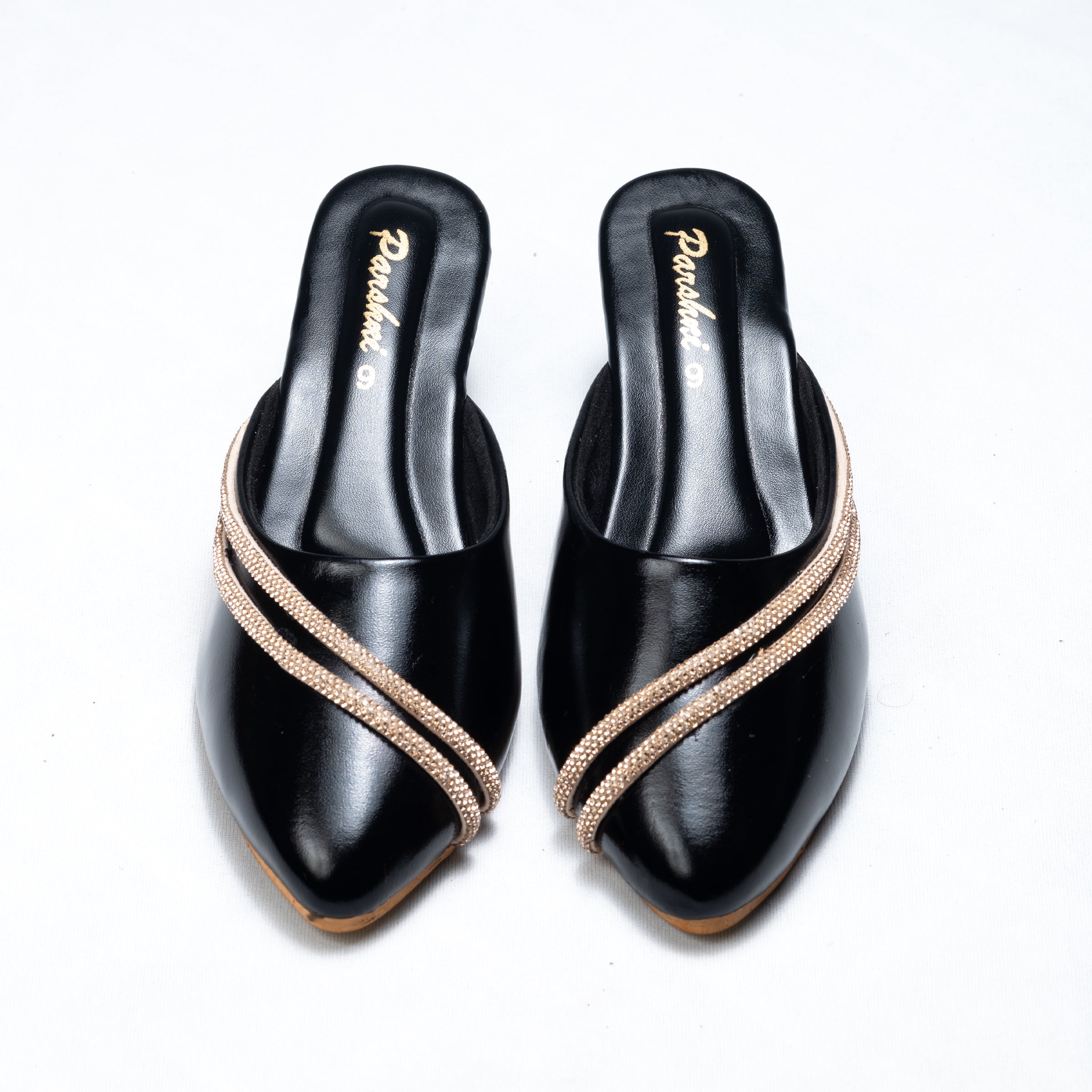 Parshni Women Black with Golden Strap Embellished Pointed Toe Stiletto