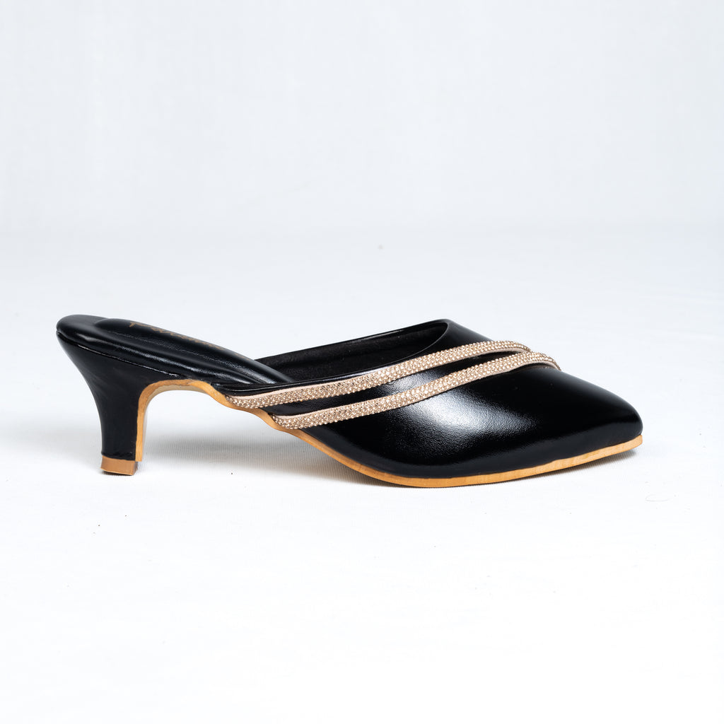 Parshni Women Black with Golden Strap Embellished Pointed Toe Stiletto