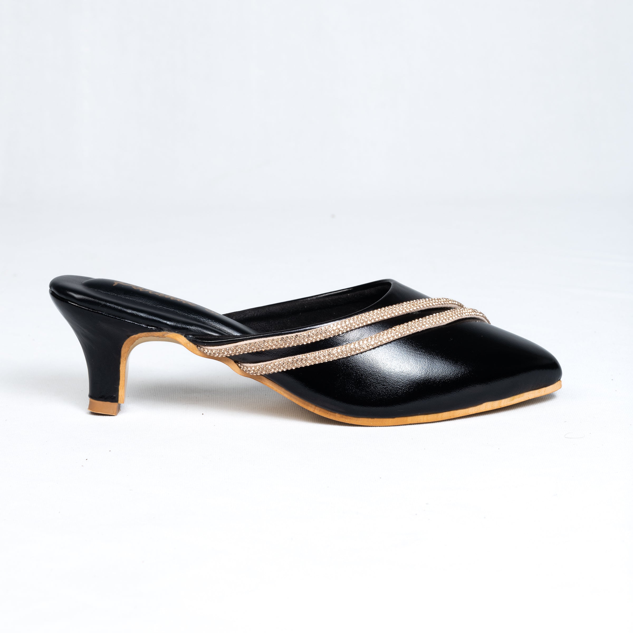 Parshni Women Black with Golden Strap Embellished Pointed Toe Stiletto