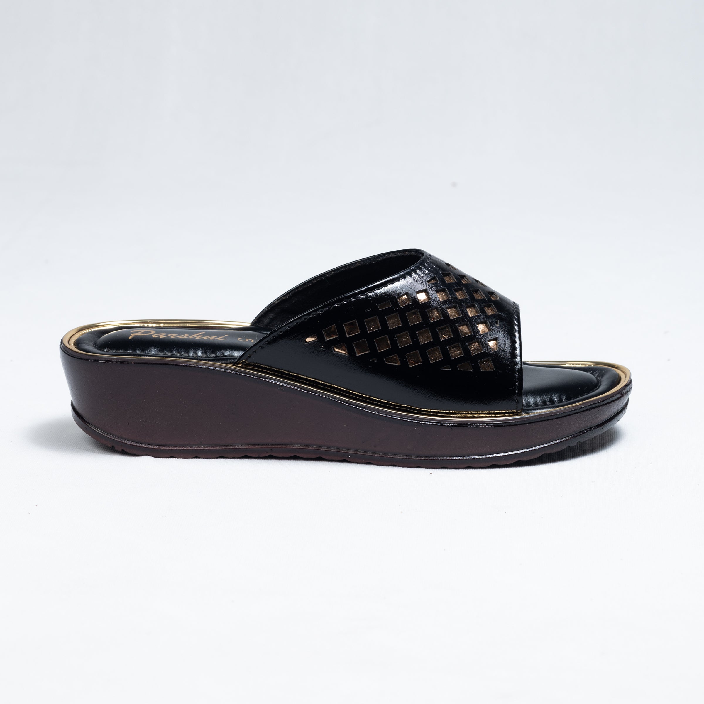 Parshni Women Balck Leaser With Golden Display Open Toe Wedges For Party Use