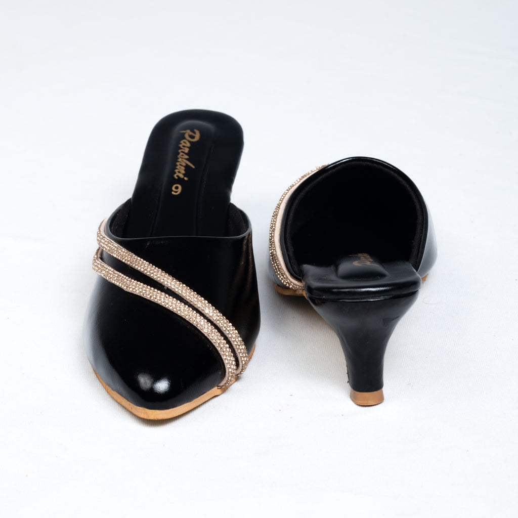 Parshni Women Black with Golden Strap Embellished Pointed Toe Stiletto