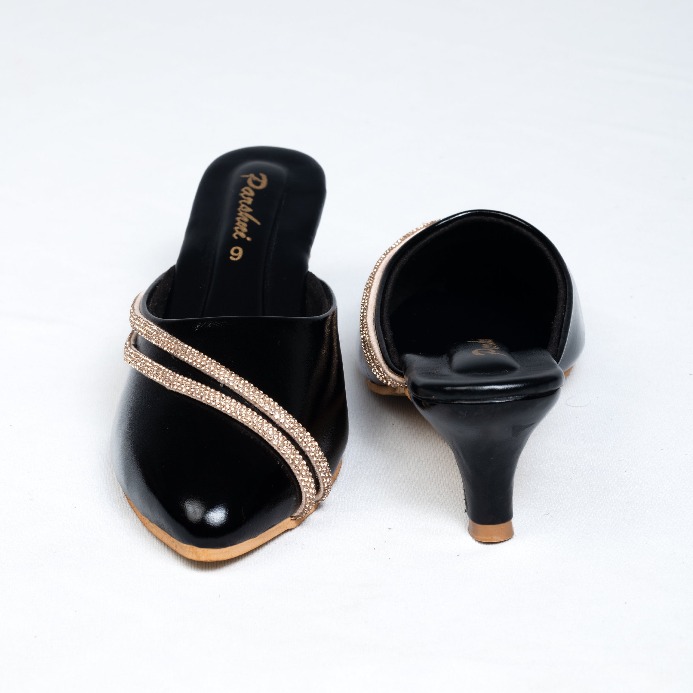 Parshni Women Black with Golden Strap Embellished Pointed Toe Stiletto