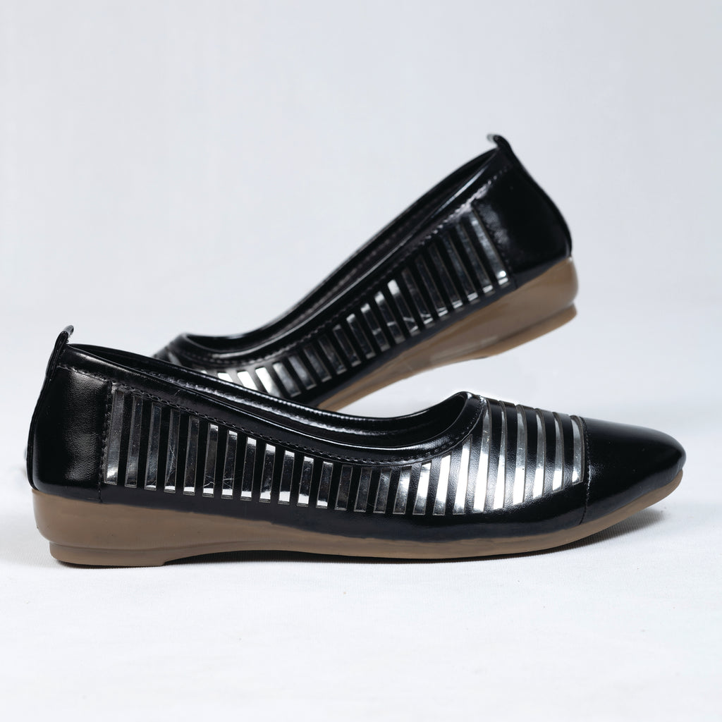 Parshni Women Black Leaser with Silver Display Pointed Toe Ballerians for Party Use