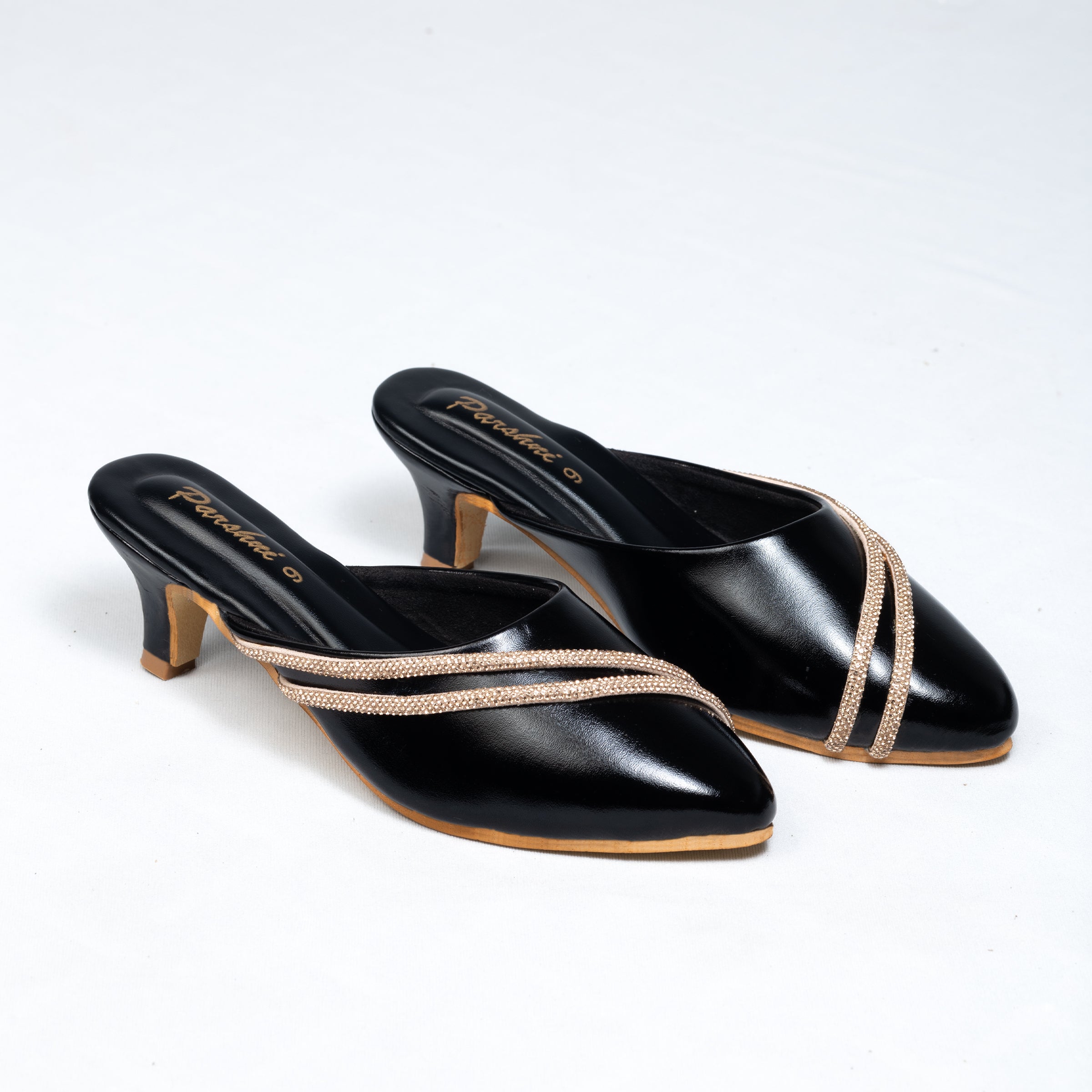 Parshni Women Black with Golden Strap Embellished Pointed Toe Stiletto