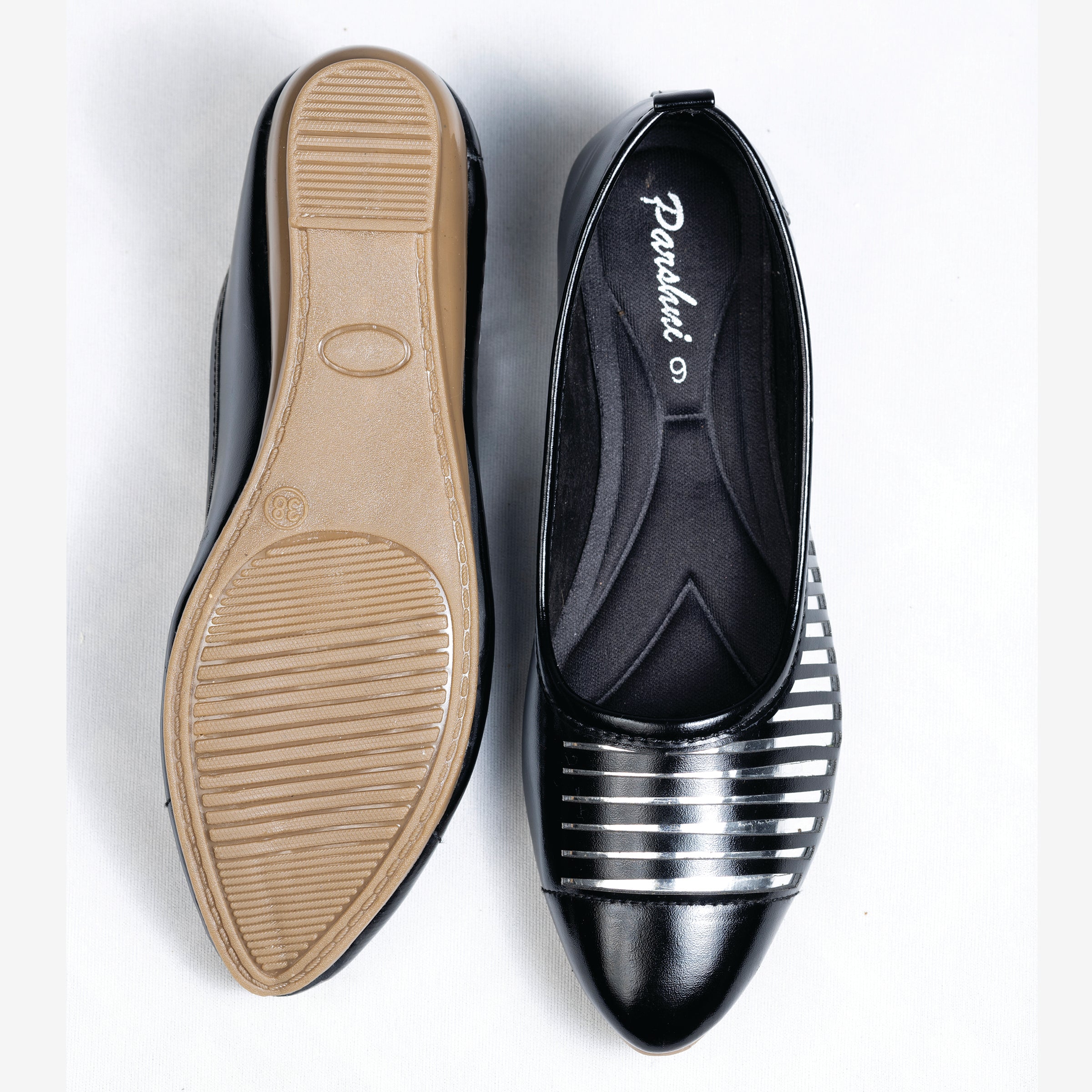 Parshni Women Black Leaser with Silver Display Pointed Toe Ballerians for Party Use