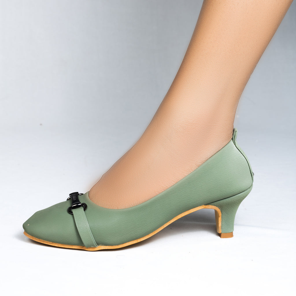 Parshni Women PU Work Green with Black Buckle Pointed Toe Stiletto