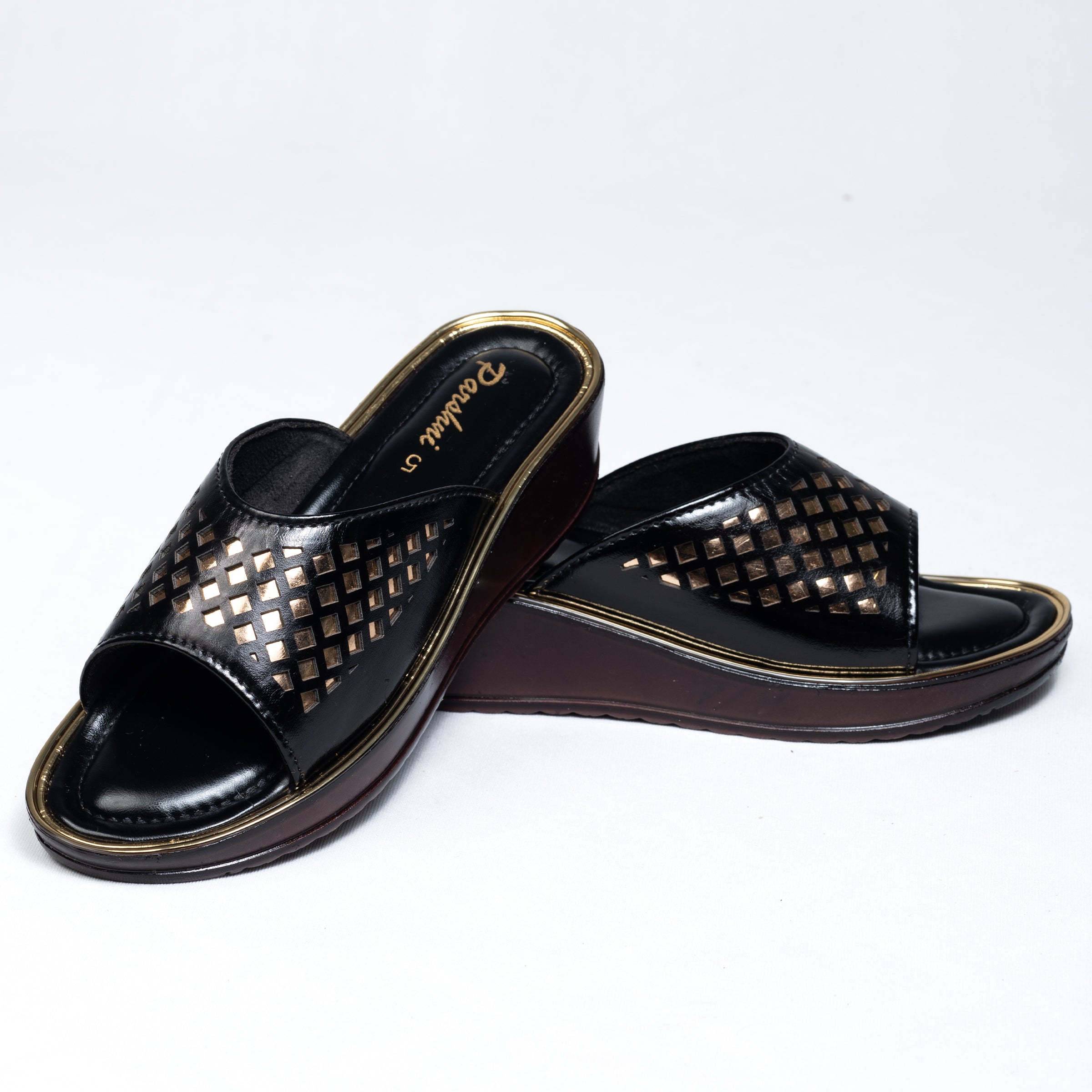 Parshni Women Balck Leaser With Golden Display Open Toe Wedges For Party Use