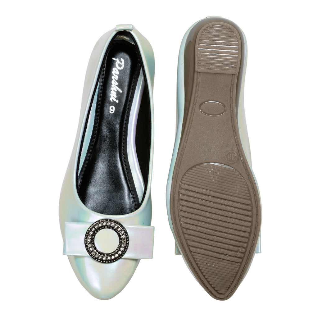 Parshni Women Lt.Blue With Black Buckle Embellished Ballerians for Party Use